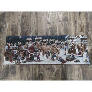 Tapestry Christmas Table Runner, Santa, Christmas Tree, Elves, Toys